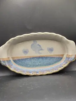 Handcrafted Neher 1991 Bluebird & Heart Pattern Ceramic Oval Serving Dish