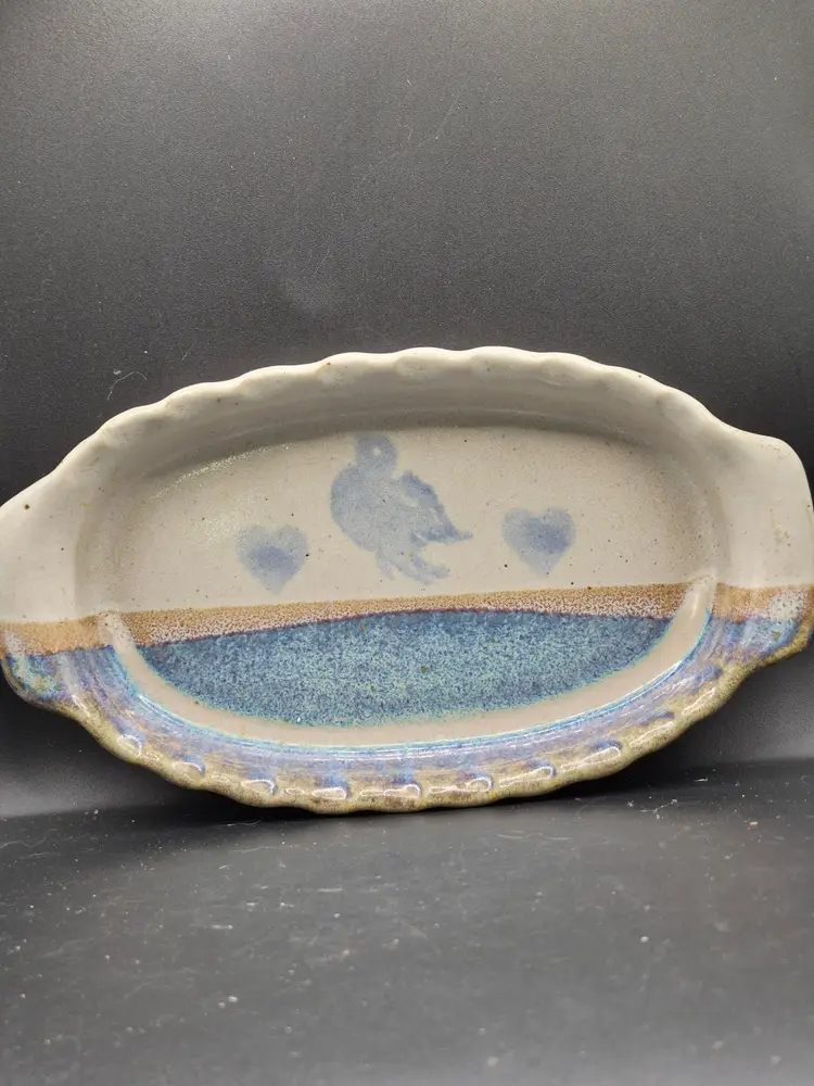 Handcrafted Neher 1991 Bluebird & Heart Pattern Ceramic Oval Serving Dish