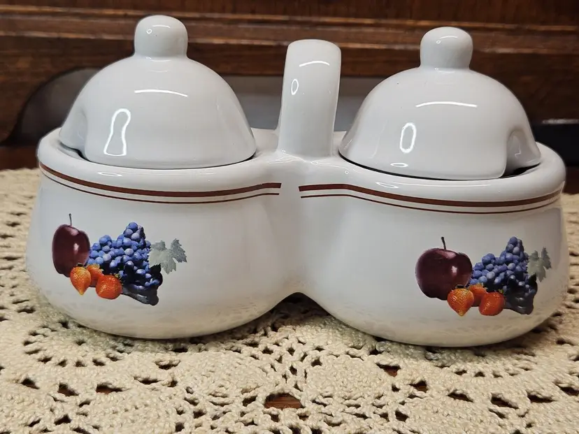 Ceramic Jelly Jam Condiment Caddy with Painted Fruit w/ Spoons
