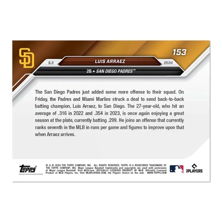 2024 ToppsNOW #153 Luis Arraez TRADED Back-to-Back Batting Champ Is Headed To San Diego