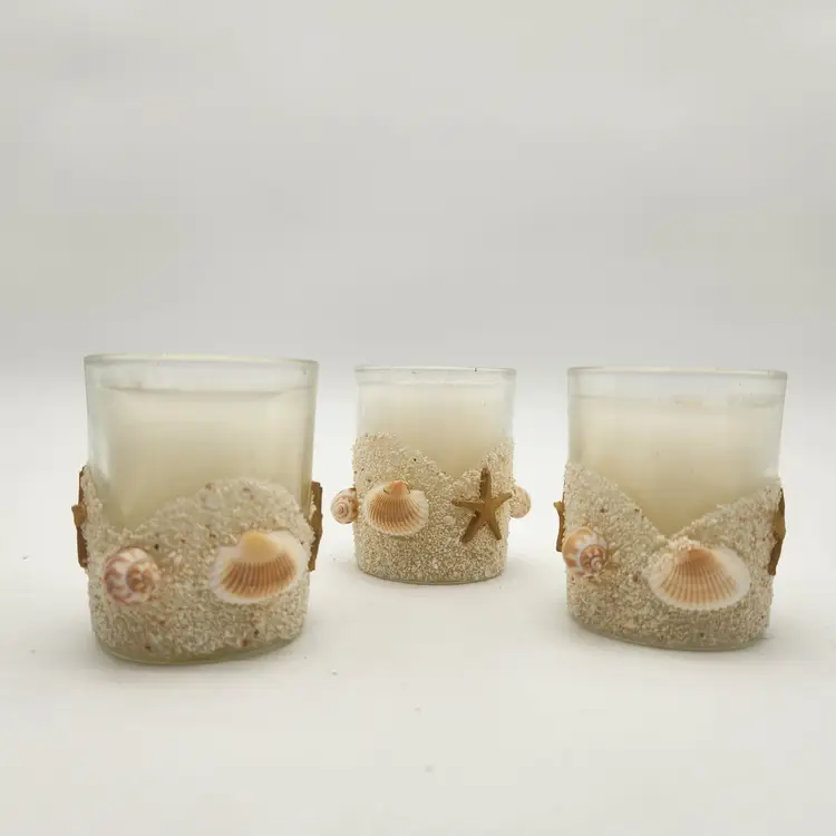 Trio of New Beach Themed Votive Candle Holders With Candles Seashell Sand Decor
