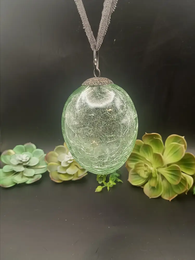 Vintage Green Crackle Glass Egg Shaped Ornament/Sun Catcher/ Orb with Brass End Cap and Jump Ring.