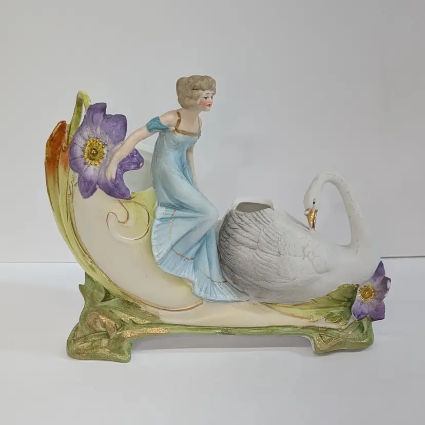 Vintage Woman and Swan Bisque Porcelain Planter Vase German? Purple Flowers 7825