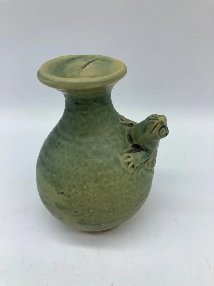 Small Green Bud Vase With Tree Frog, Indonesia