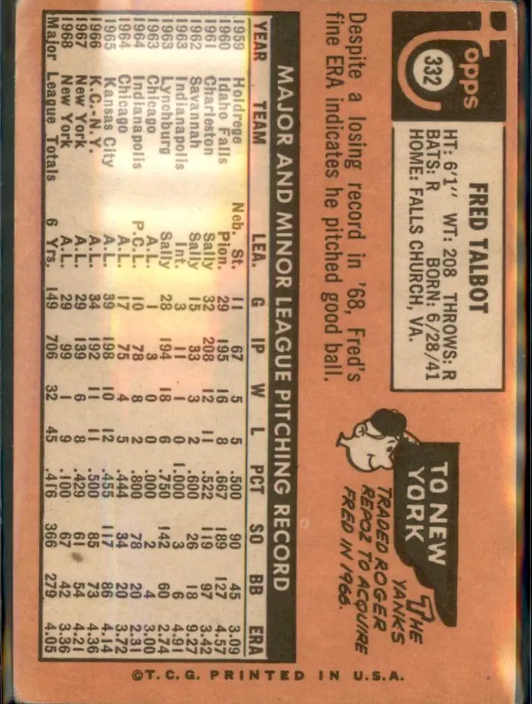 1969 Topps #332 Fred Talbot - (pk3) - New York Yankees