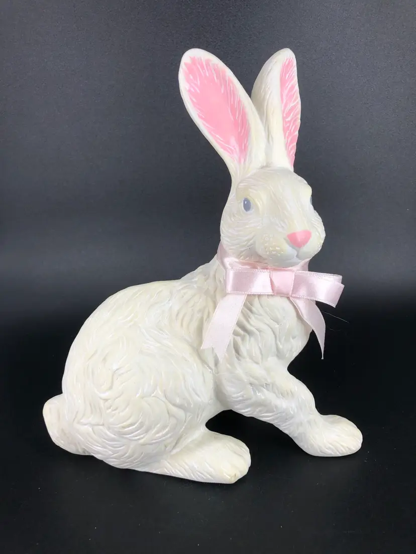 Vintage Ceramic White Bunny Rabbit with Pink Ribbon Figurine