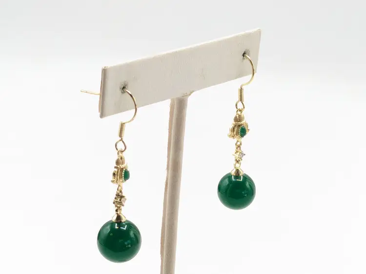 Gold Tone Green Glass Rhinestone Dangle Earrings