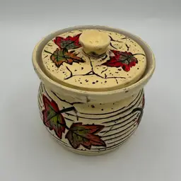 Vintage Heritage Pottery Jar W/ Lid 4”  Cream Colored W/ Fall Leaves Design