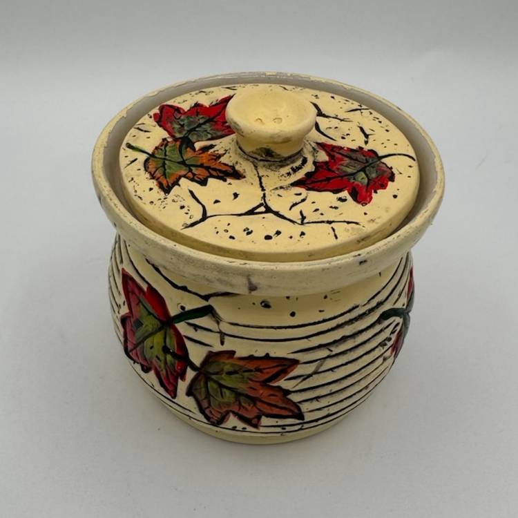 Vintage Heritage Pottery Jar W/ Lid 4”  Cream Colored W/ Fall Leaves Design