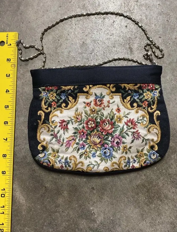 Vintage Floral Tapestry Bag Handbag Purse Metal Frame with Chain strap