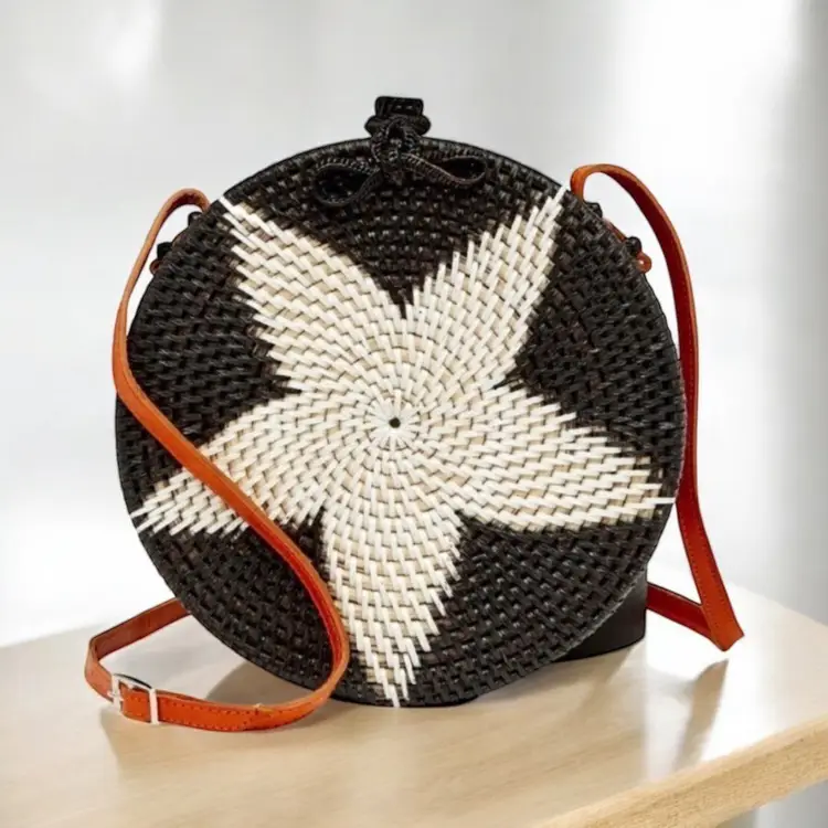 Circular Rattan Bali Bag Handmade Leather Straps