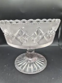 Vintage EPG Pressed Glass Pedestal Dish With Frosted Diamond Pattern Scalloped READ