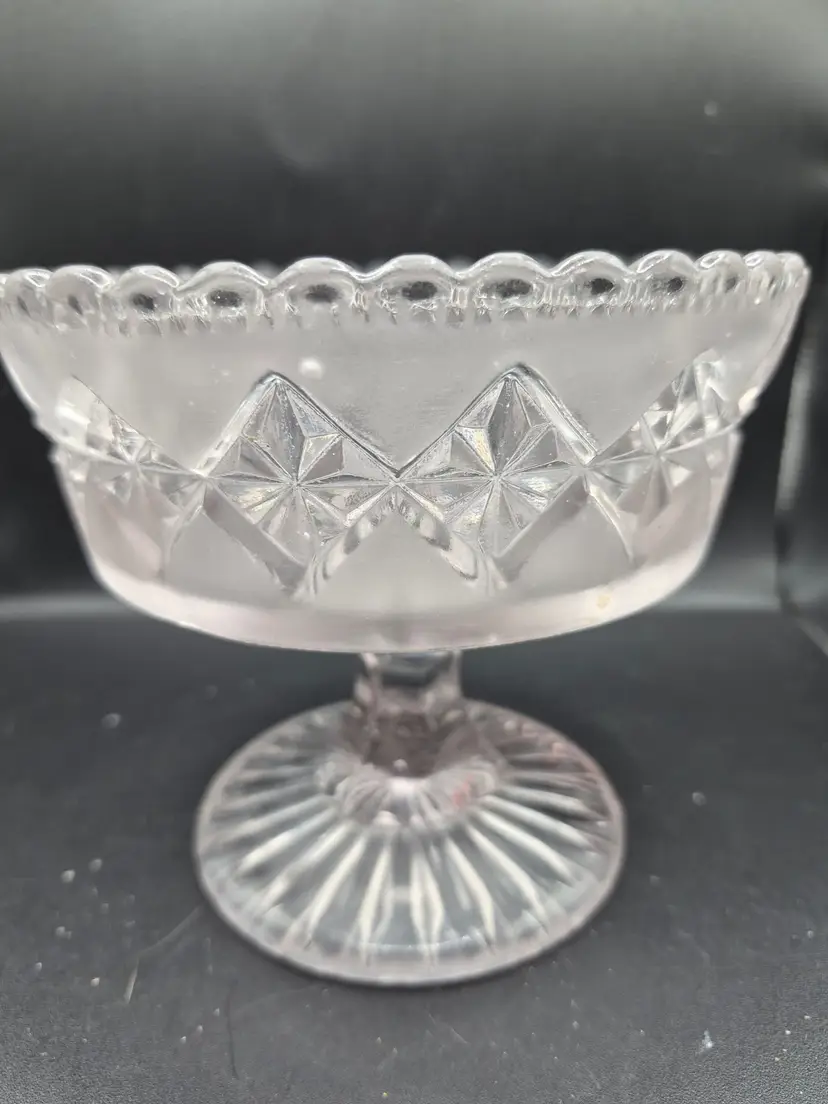 Vintage EPG Pressed Glass Pedestal Dish With Frosted Diamond Pattern Scalloped READ
