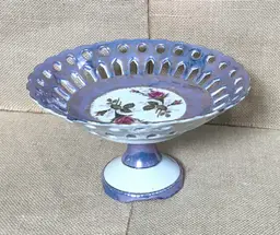 Vintage Lusterware Floral Pedestal Basket Bowl Centerpiece MCM Victorian Cottage