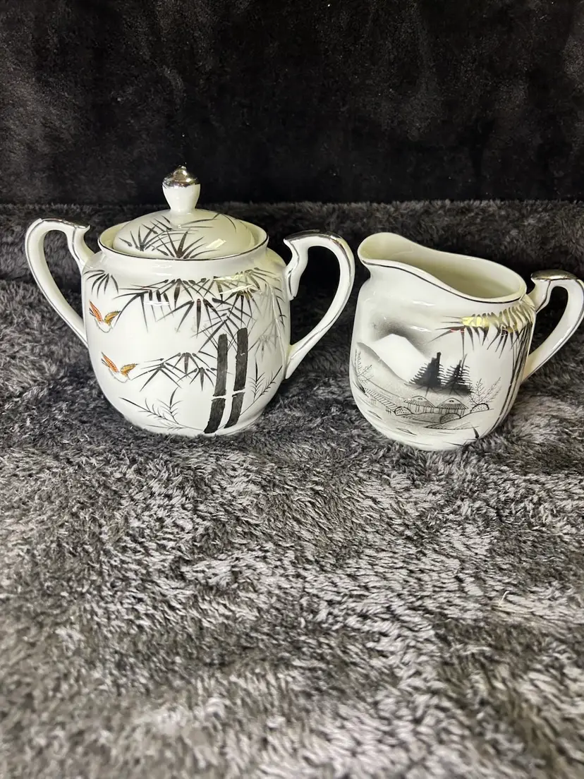 Vintage Japanese Kutani Bamboo & Birds Porcelain  Sugar Bowl And Creamer