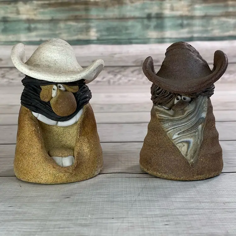 Vintage Cowboy Salt & Pepper Shakers Heave Stoneware Folk Sand Clay Western Retro