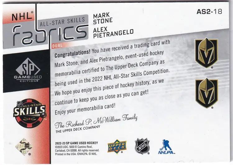 2022-23 SP Game Used '22 All Star Game Dual Jerseys #AS218 Mark Stone / Alex Pietrangelo Vegas Golden Knights Hockey Card