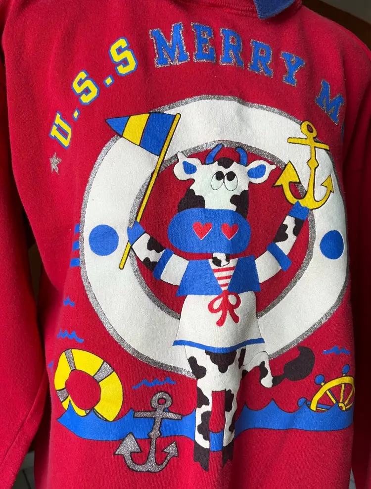 Vintage 80’s Cow Sweater Ride White Blue Kids Xl Women’s Small 