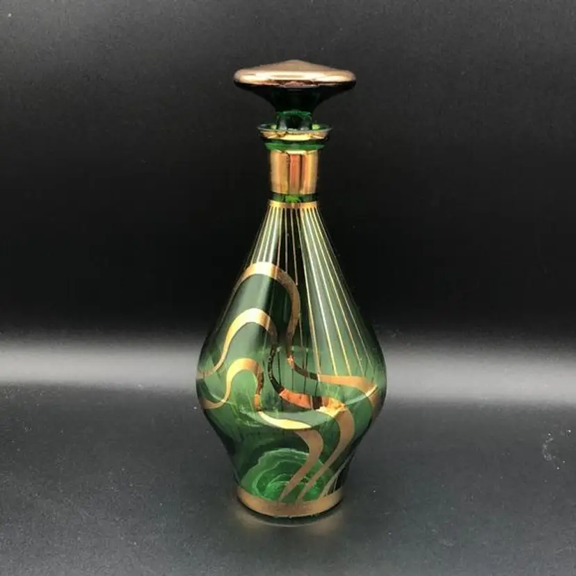 Vintage Czech Glass Gold Gilded Green Glass Decanter w/Stopper Genie Bottle