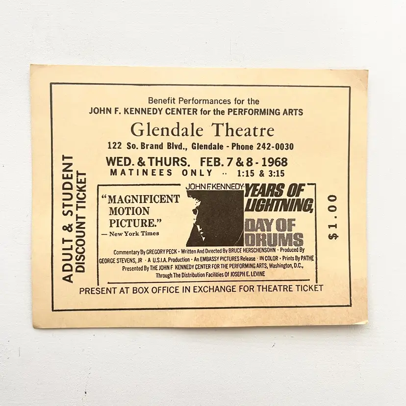 Glendale Theatre Movie Ticket Stub John F Kennedy Years of Lightning Day of Drums Vintage 1960s