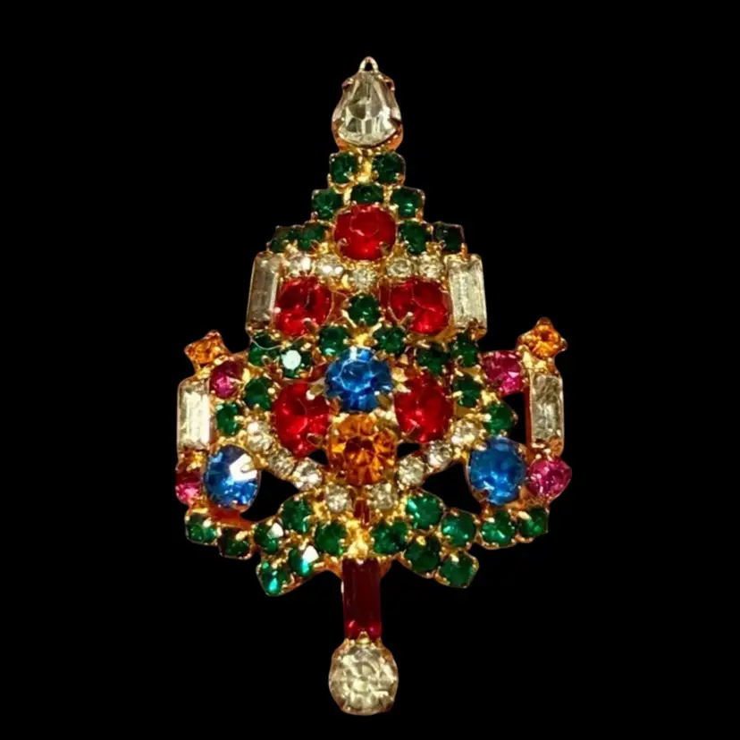 Vintage Warner Signed GoldTone Rhinestone Christmas Tree w/ Candles Brooch, 2”