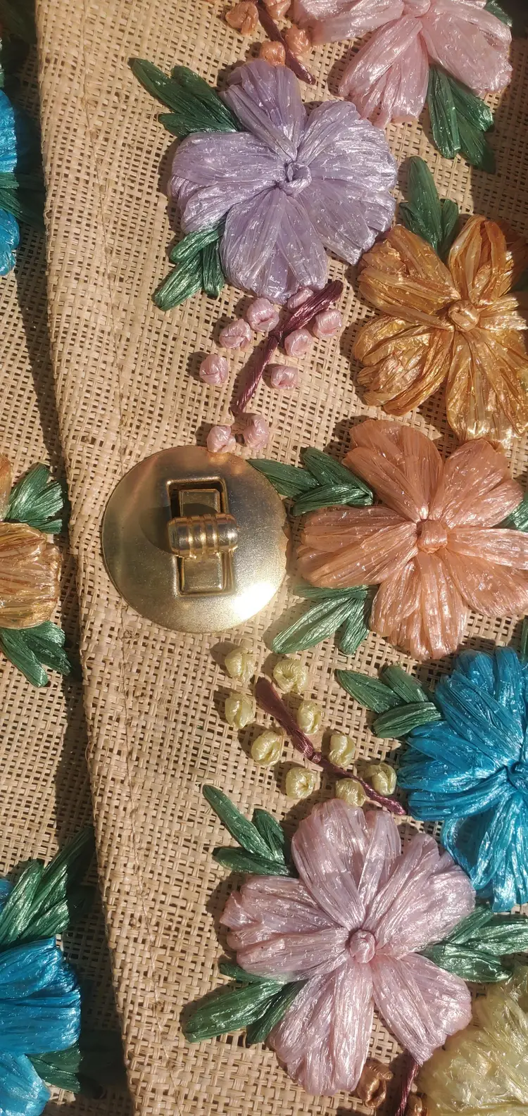 1960s Phillipine, Rattan, Clutch Handbag With Pastel, Raffia, Floral Details