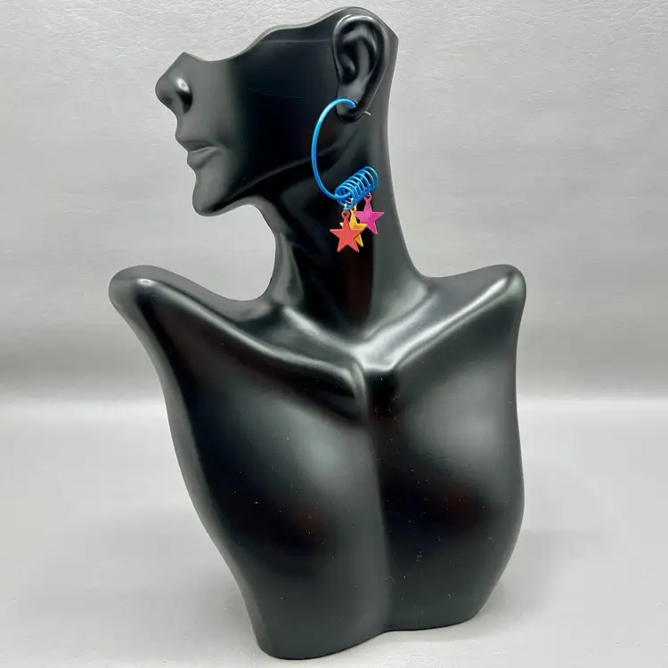 Vintage Retro Hoop Earrings Star Charms Blue Spiral 1980s Colorful 1.5x2"