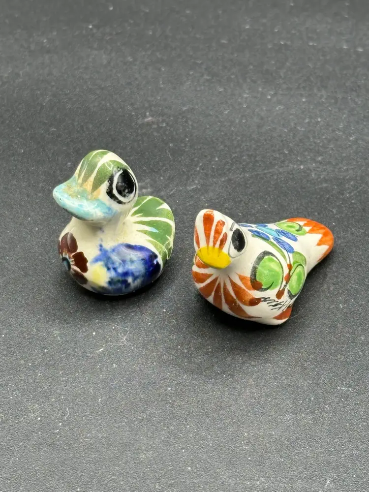 2-Vintage Miniature Tonala Hand Painted Folk Art Pottery Bird Figurine, Mexico