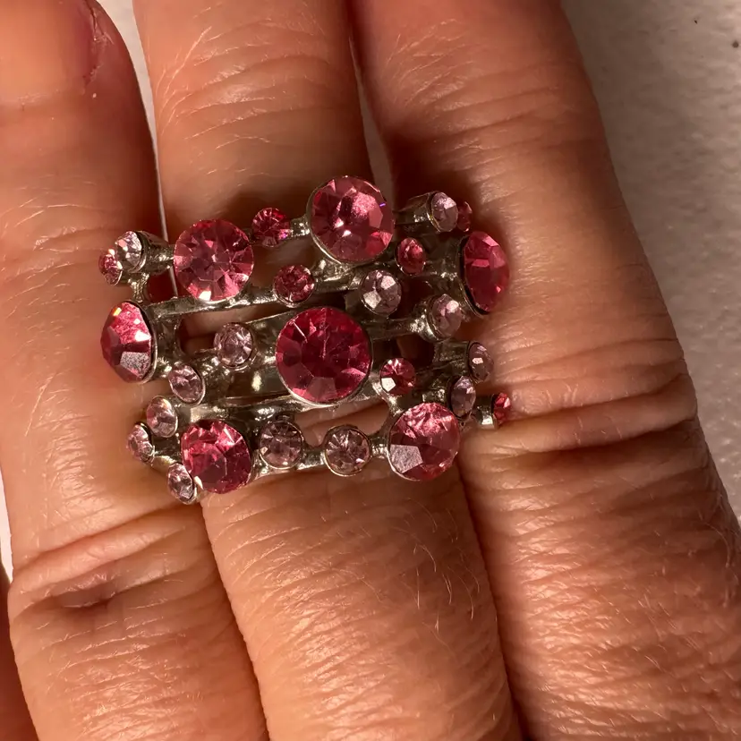 Vintage Silver Tone  Pink Glass Rhinestone Adjustable Ring