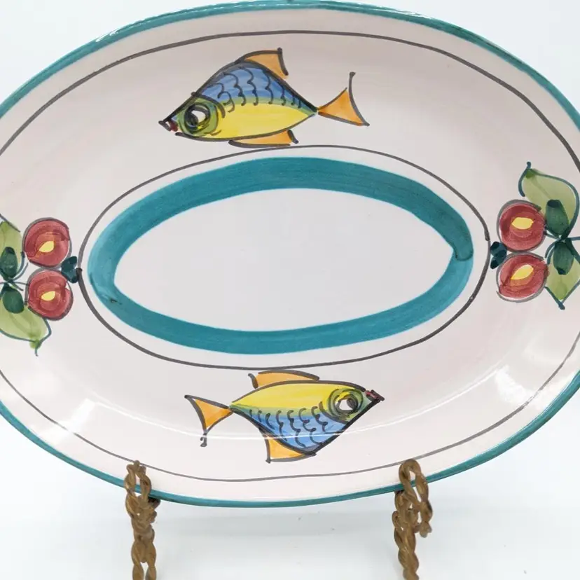 Ceram Vietri Serving Platter Hand Painted Fish Cherries Made in Italy 12.5 x 9"