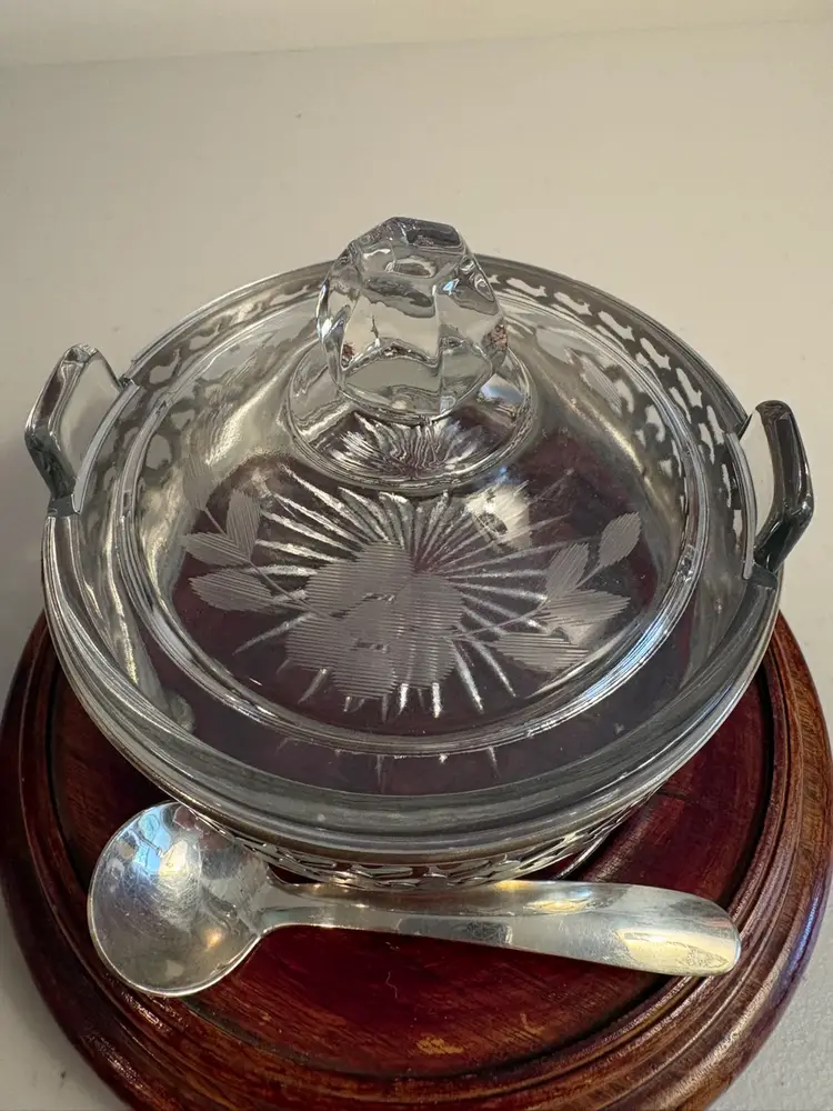 Vintage Silver Plated Relish Bowl with Glass Insert, Lid, & Spoon.