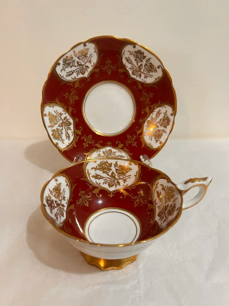 Vtg Royal Stafford Footed Tea Cup & Saucer Deep Burgundy & Gold Filigree Rim