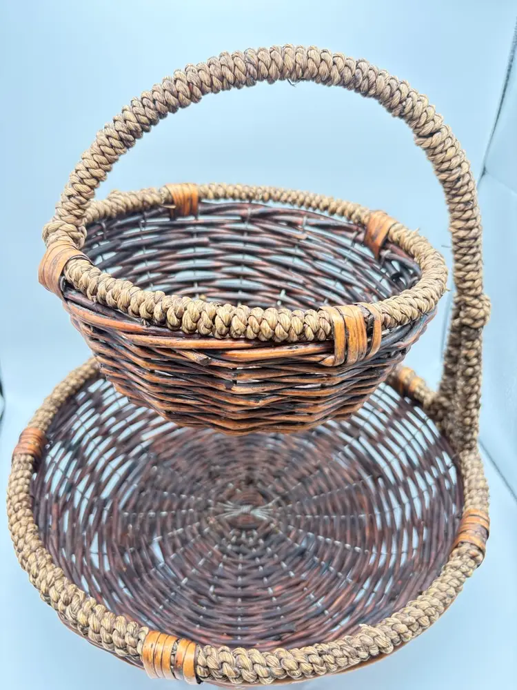 Vintage 2 Tier Wicker Fruit Basket Coil Weave Design