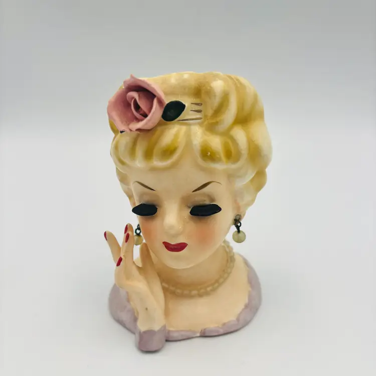 Vintage Inarco Japan Lady Head Vase 1961 Pearl Necklace Earrings Pink Rose