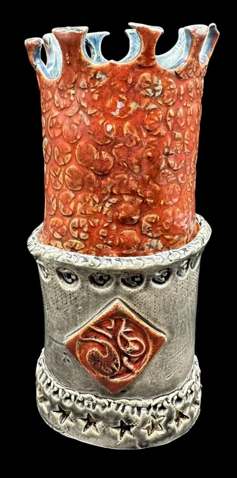 Handmade Studio Art Pottery Vase Abstract Gray Brown Castle Spire Textured 7”