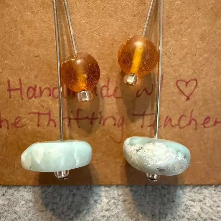 #7 Larimar & Amber Earrings .925 Hooks HANDMADE BY ME