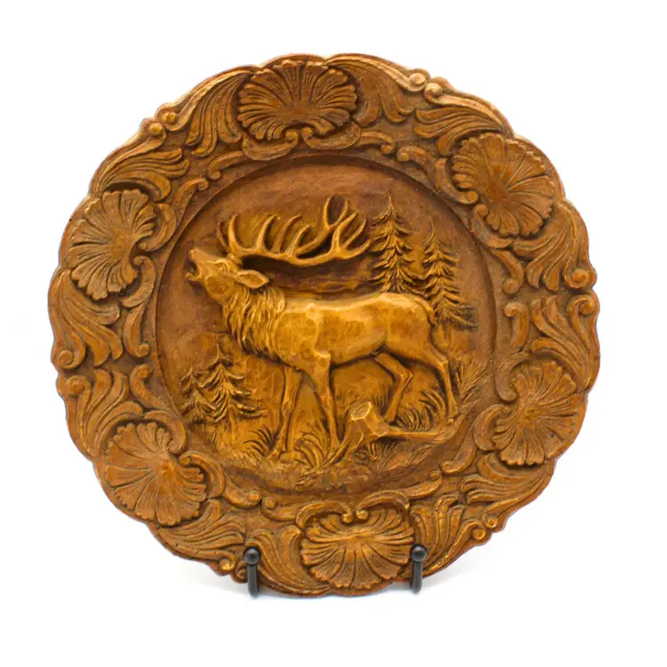Vintage German Wall Plate 3D Carved Elk Stag Forest Scene Rustic Ornate Folk Art