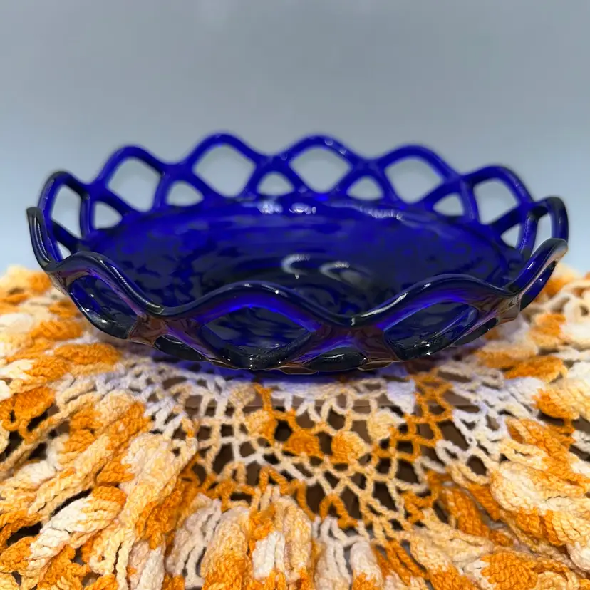 Imperial Glass Cobalt Blue Open Lace Edge Button Cane Katy Shallow Nappy, produced in the 1930s.