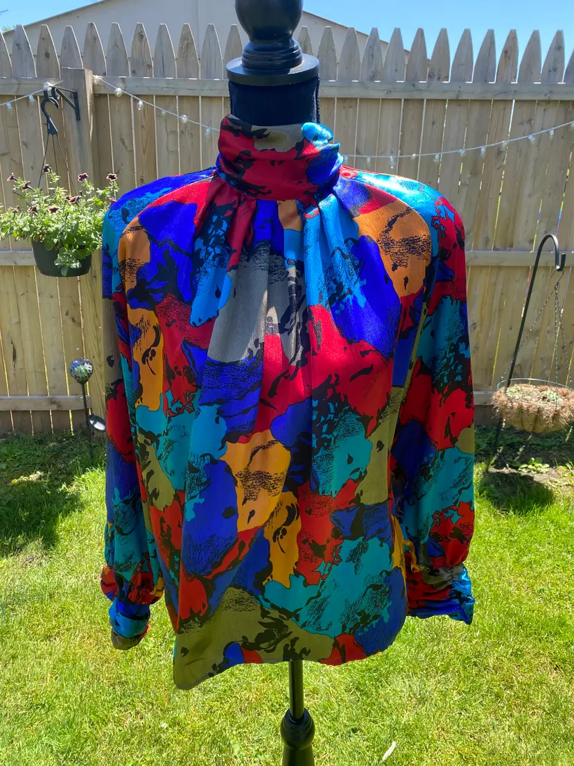 Vintage Tess Red, Blue, Dark Yellow, Brown, Black Abstract Pattern Polyester Long Sleeve Blouse Xlarge