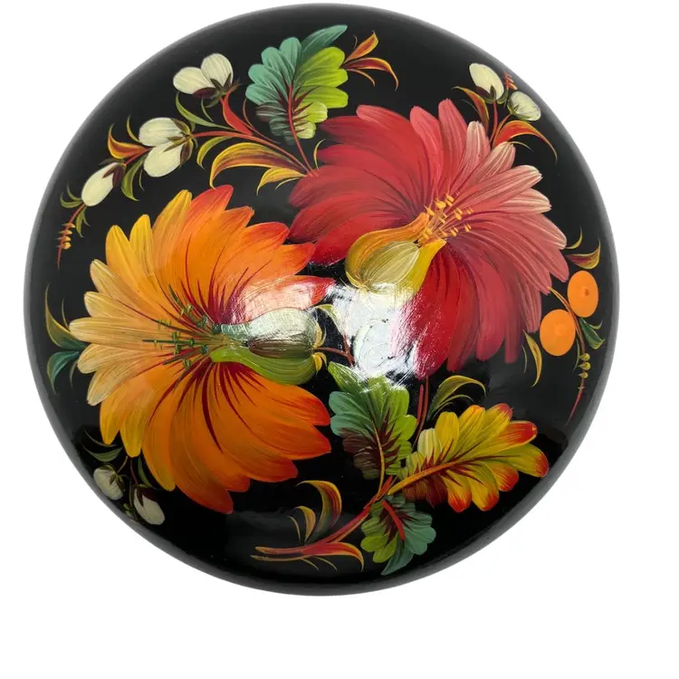 Black Lacquer Wooden Petrykivka Box Signed Hand Painted Bright Florals