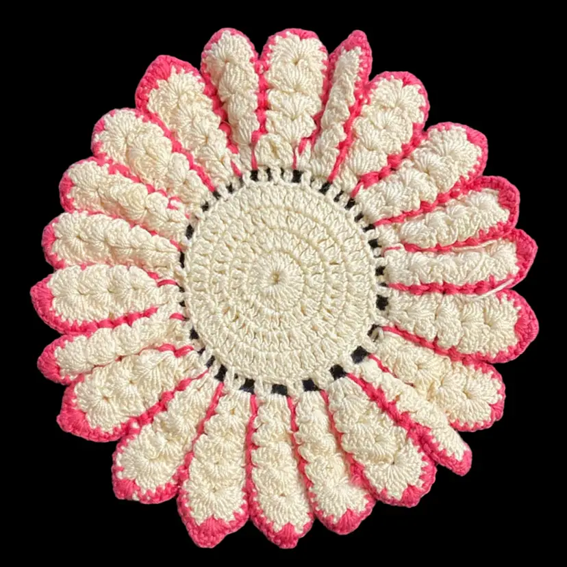 Vintage Crocheted Pot Holder Trivet Pink Edges White Centre