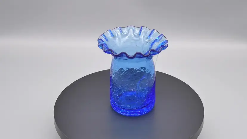 Vintage Cobalt Blue Mini Pitcher Blown Crackle Art Glass Ruffled Edge Clear Elbow Handle 3.4"
