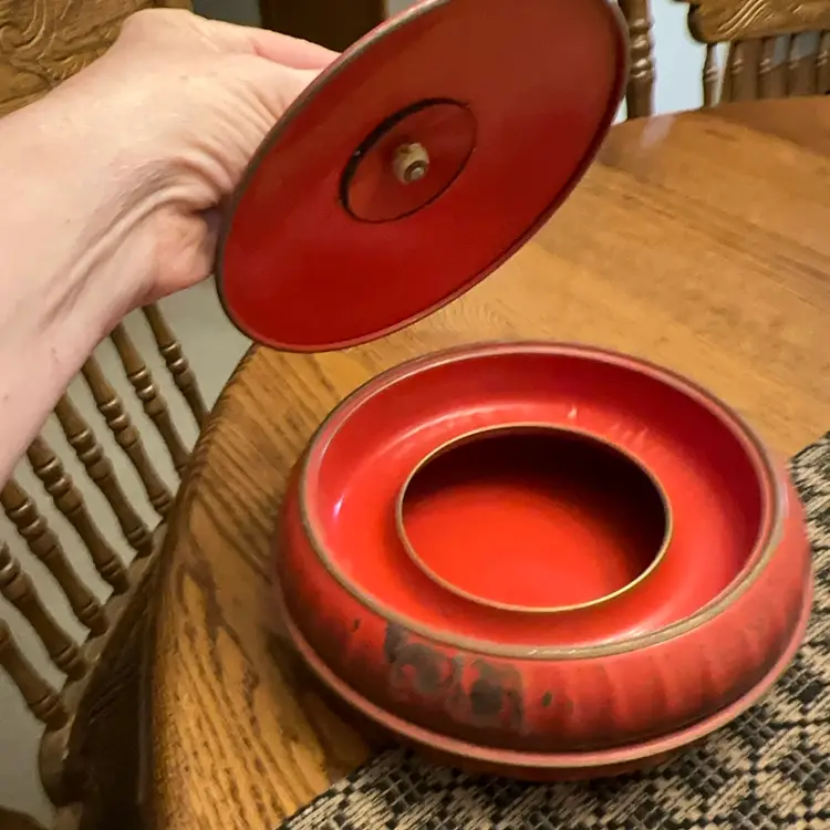 1930's Vintage 3 Piece Metal Tin Sewing Kit Storage Container Rustic Red
