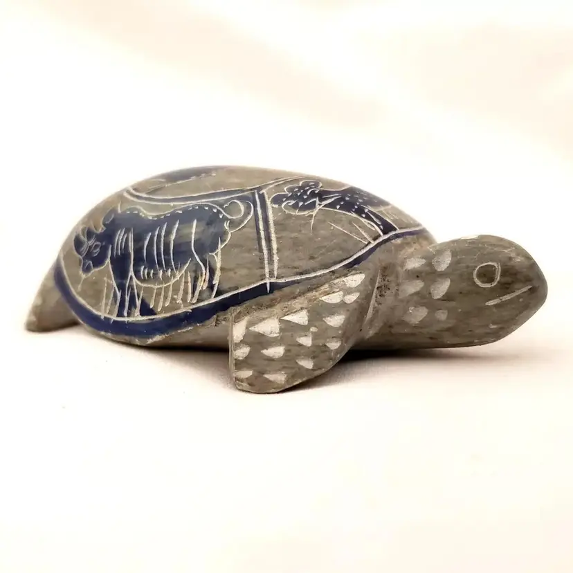 Soapstone Turtle Frog Figurine Hand Carved Stone Sculpture 3½" long Signed SWAZILAND E75-