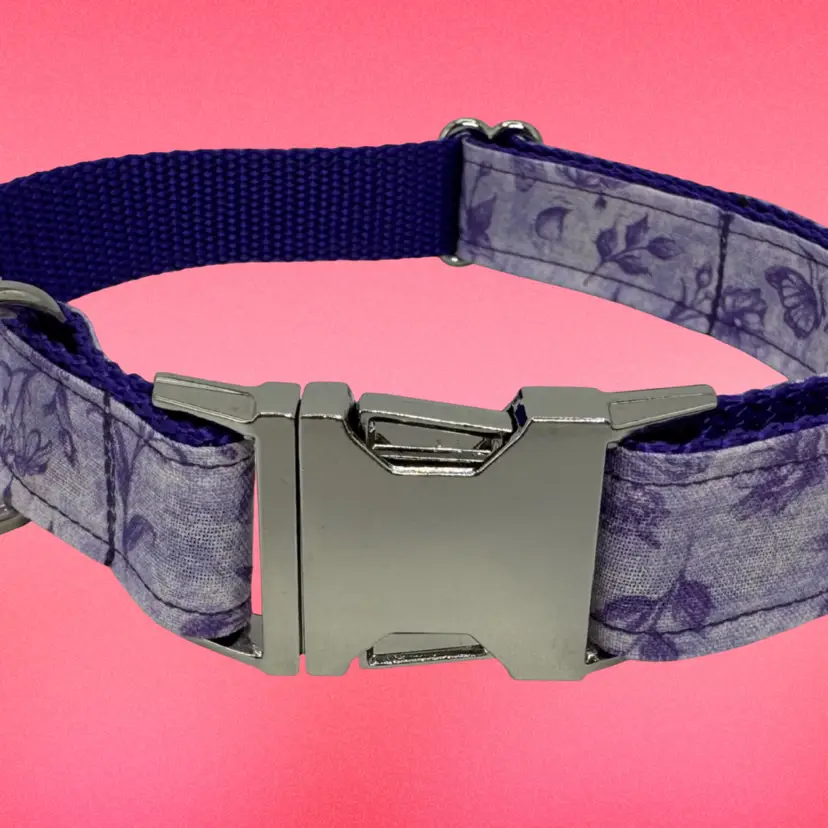 Dog Collar Purple Butterfly Flower Print Large Handmade Heavy Duty Metal Buckle NEW