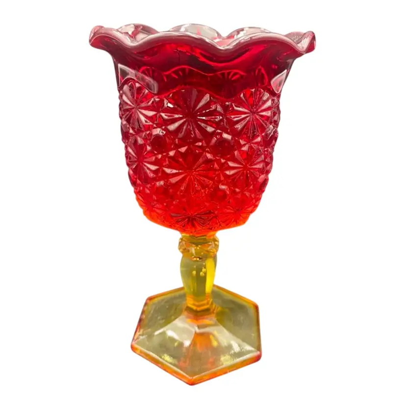 Vintage L.E. Smith Amberina Glass Goblet, Ruffled Rim, Daisy & Button Pattern