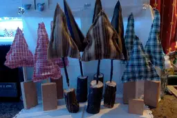 Handmade Christmas Decorations:  Cloth Trees with Real Wood Trunks and Bases.