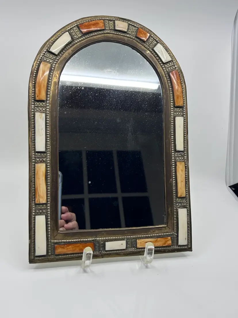 Vintage Camel Bone Brass Accent/Vanity Mirror 9x13.5”