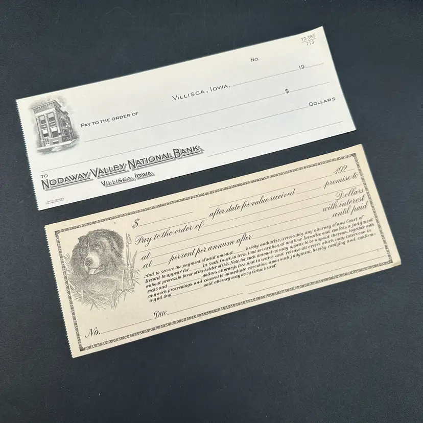 Nodaway Valley National Bank Newfoundland Dog Head Bank Building Blank Check Duo 1920s