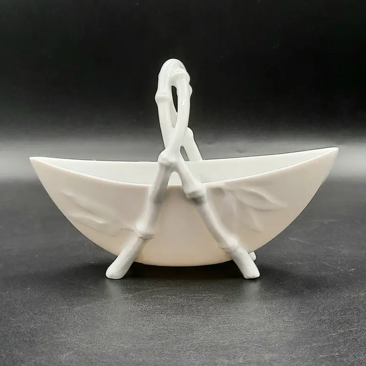 Vintage White Porcelain Oriental Bamboo Handle Basket Dish